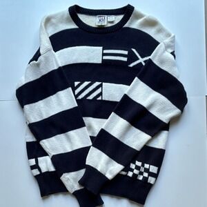 North Atlantic Trading Nautical Geometric Knit Cotton Sweater S/M Black White